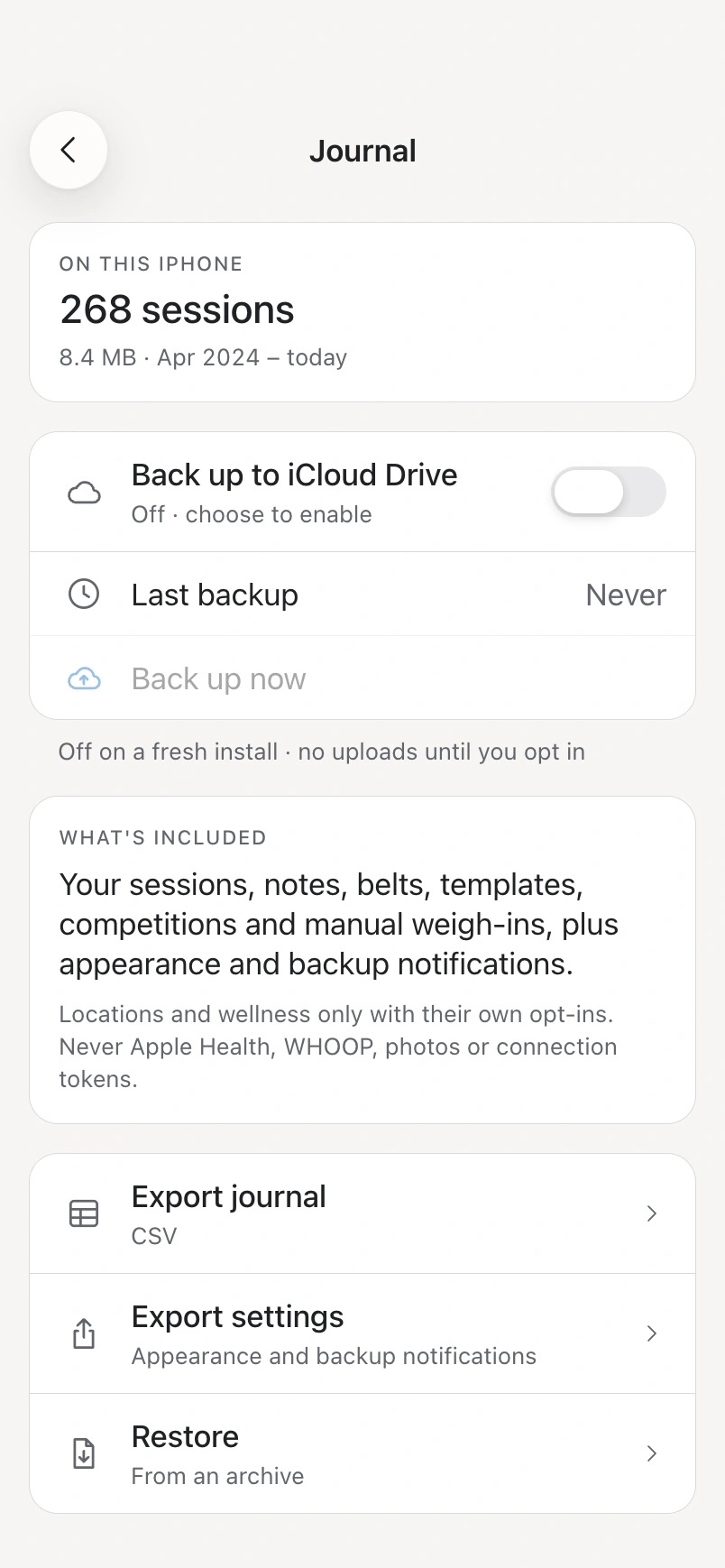 Journal settings: iCloud journal backup off, last backup never, what is included visible before opt-in