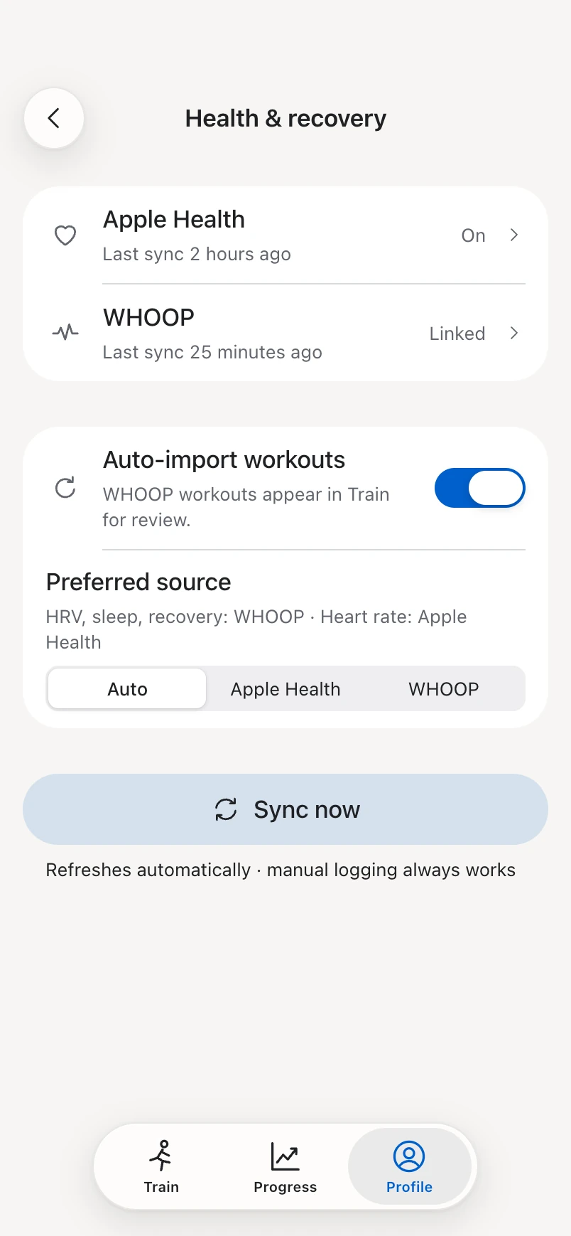 Health and recovery: Apple Health on, WHOOP linked, auto-import of WHOOP workouts and the preferred source for each reading