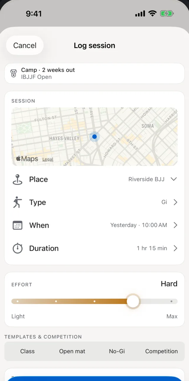 Log session form with a map pinned on Riverside BJJ, type Gi, yesterday at 10 AM, 1 hr 15 min, effort Hard