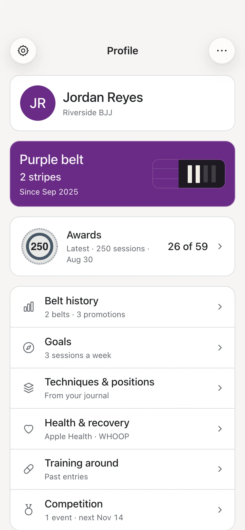 Profile: purple belt with two stripes, 26 of 59 awards, belt history and goals