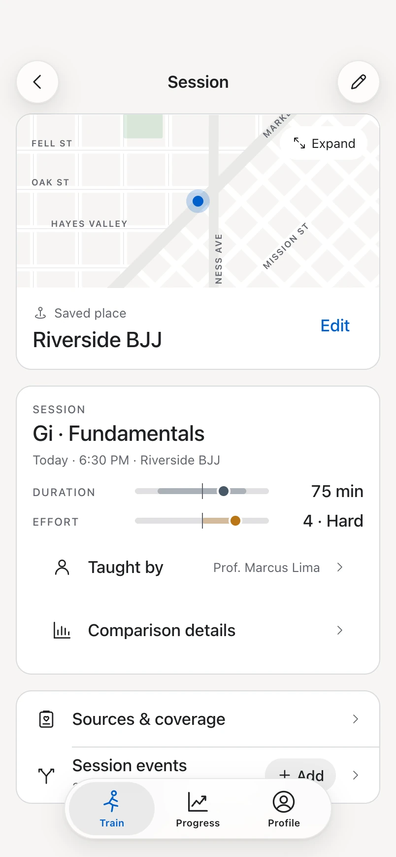 Session review: Gi Fundamentals at Riverside BJJ, 75 minutes, effort Hard, taught by Prof. Marcus Lima