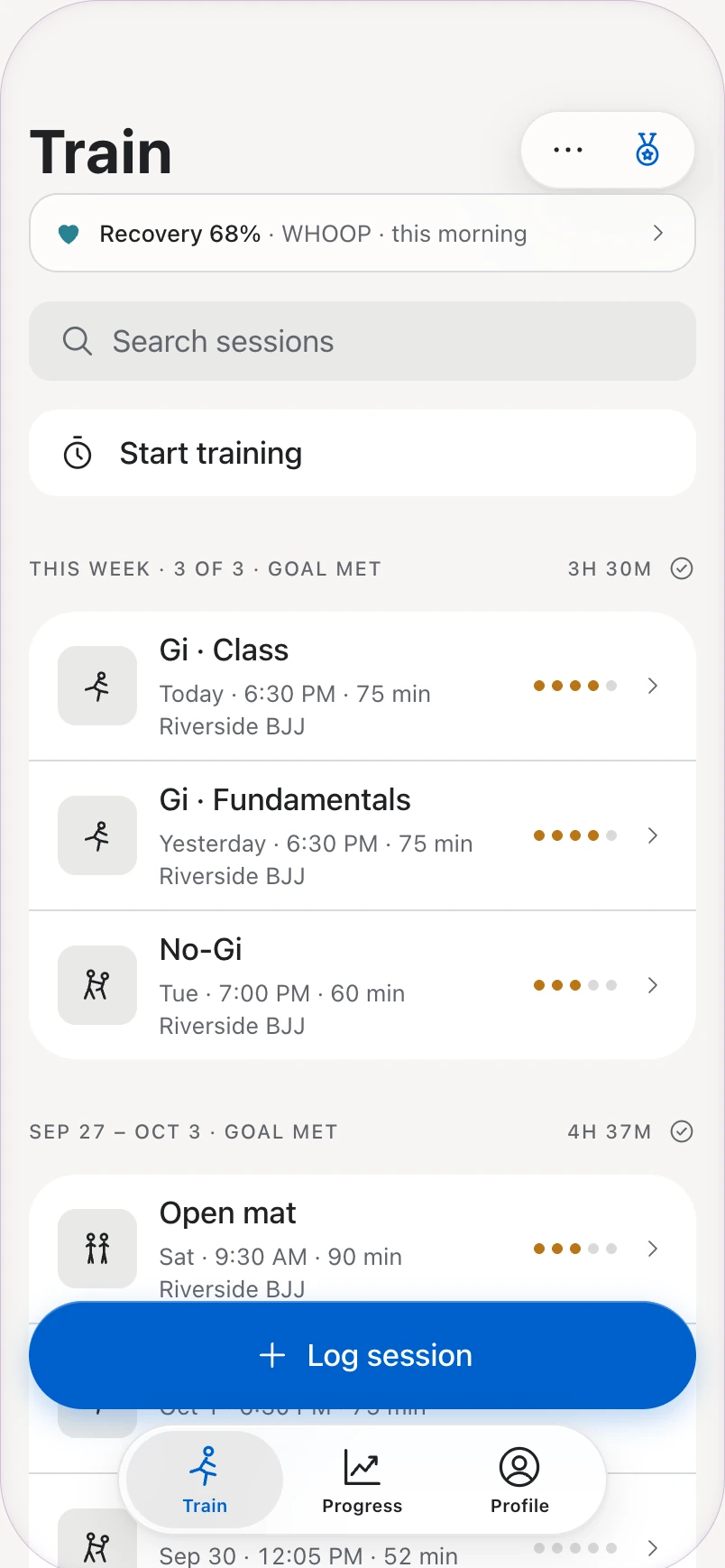 Train: Start training, this week's sessions with effort, and Log session